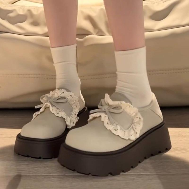 

Sweet lace platform Mary Jane shoes women s spring new fashionable versatile retro muffin bottom deep mouth single shoes 40 бежевий