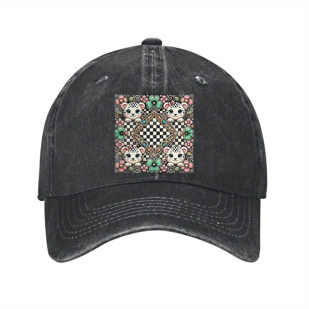 Cute Kawaii Leopard Flower Checkerboard Baseball Cap Washed Denim Dad Hat Adjustable Unisex Casual Headwear