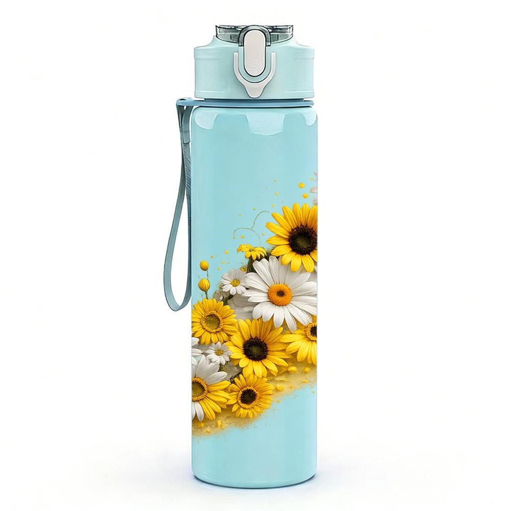 1PC Sunflower Daisy Dried Flower Print 750ml Color Plastic Sports Water Bottle Leakproof Flip Straw Lid Suitable for Sports Office Home Use