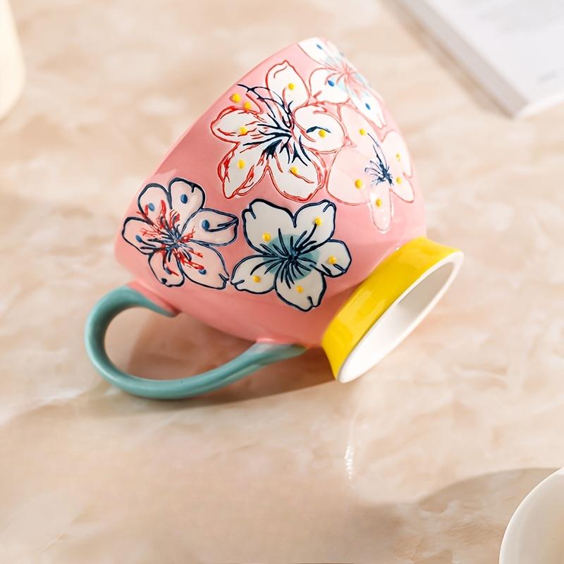 2pcs Floral Ceramic Mug Set 430ml/14.13oz, French Countryside Style with Vibrant Flowers,Butterflies, Reusable, Microwave Safe,for Hot & Cold Drinks,