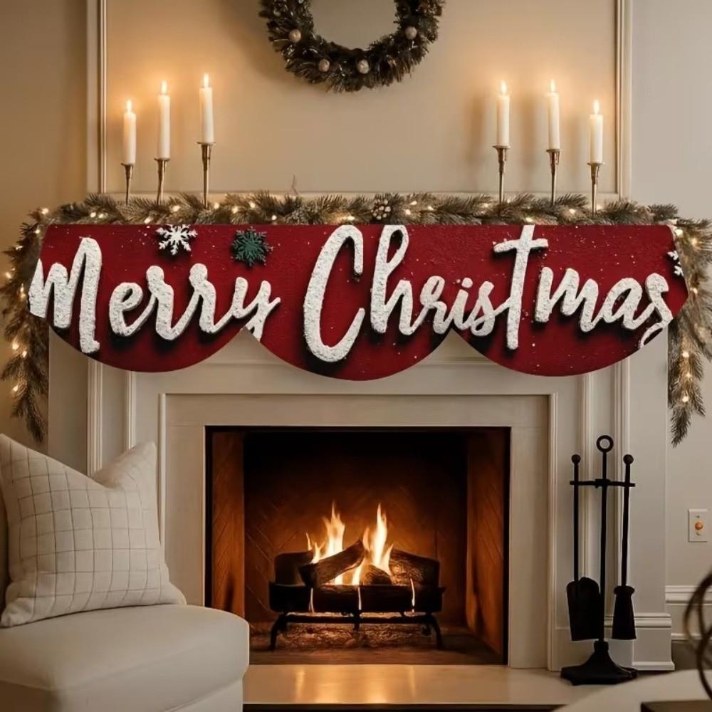 Santa Claus Mantel Topper Snow Landscape Xmas Mantel Decor Fireplace Shelf Cover Winter Holiday