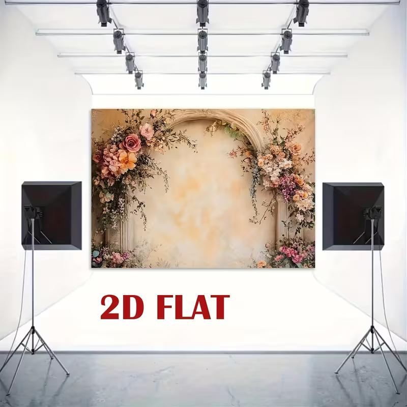 

2D Vintage Floral Arch Backdrop with Pastel Pink Flowers and Rustic Stone Wall 47.2x31.5inch/120*80cm