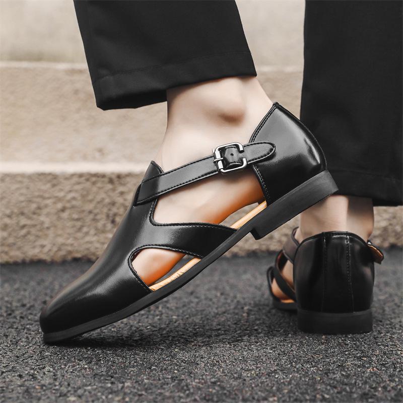Men's Large Leather Roman Sandals - Breathable, Versatile, Hollow-Out Design with Buckle