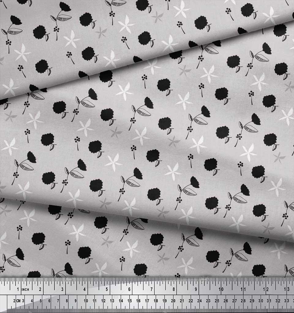 Soimoi Purple Japan Crepe Satin Fabric Black Sketch Floral Print Fabric by Metre 42 Inch