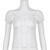 Short Puff Sleeve Lady T-Shirt Square Collar Skinny Crop Top Summer OL Tees All Match Button Vintage Women's Lace Clothe