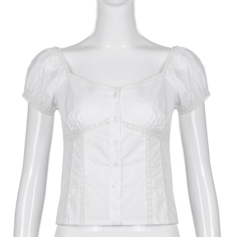 Short Puff Sleeve Lady T-Shirt Square Collar Skinny Crop Top Summer OL Tees All Match Button Vintage Women's Lace Clothe