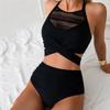 Sexy Solid Black Swimwears High Waist Bikini Cross Bandage Swmsuit Woman Mesh Hollow Out Bathing Suit Bikinis Sets