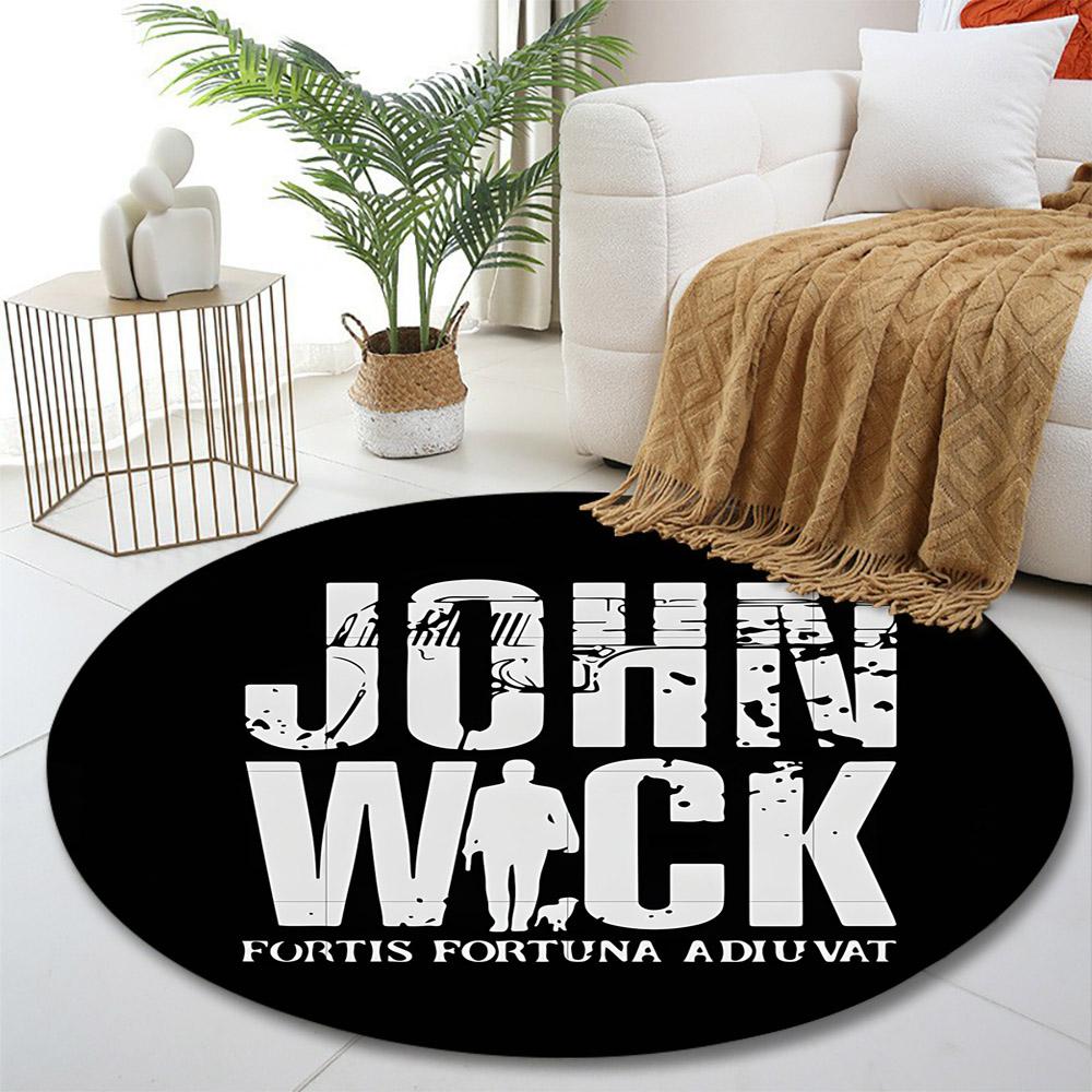 Round Rug John Wick Grunge Typography Silhouette Dog Fortis Fortuna Adiuvat Movie Circular Rug for Man Cave Wall Decor