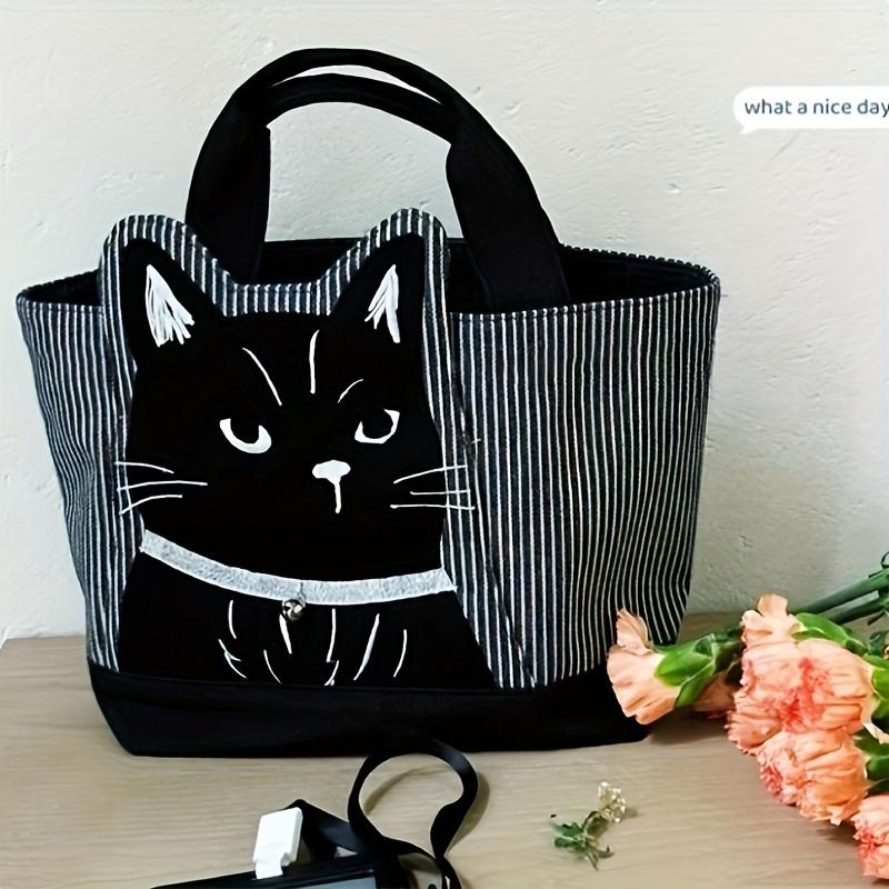 Chic Black Cat Embroidered Large Capacity Tote Bag Durable Polyester, Zipper Closure, Striped Handle Design for Everyday Use & Shopping