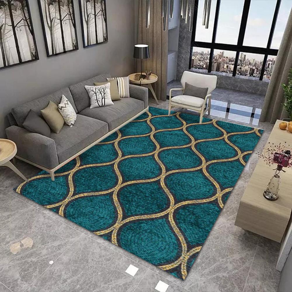 Covor Modern de Lux Ușor Geometric cu Textură de Marmură cu Valuri Hexagonale și Model cu Linii Aurii, Potrivit pentru Scene Multiple