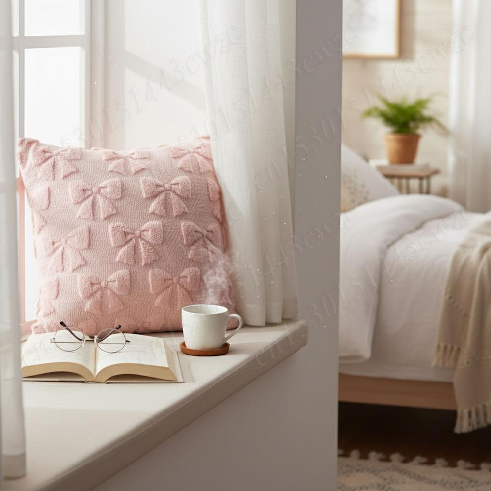 Light Pink Bow Pillow Covers Washable Soft Jacquard Throw Cushion Cover Multi-Purpose Spring Soft Plush Faux Pillowcase 18x18 In