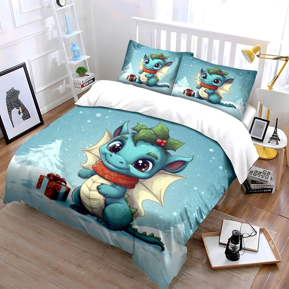Cute Dragon with Gift Design Bedding Duvet Cover Set  (1*Duvet Cover 2*Pillowcases, without duvet insert)