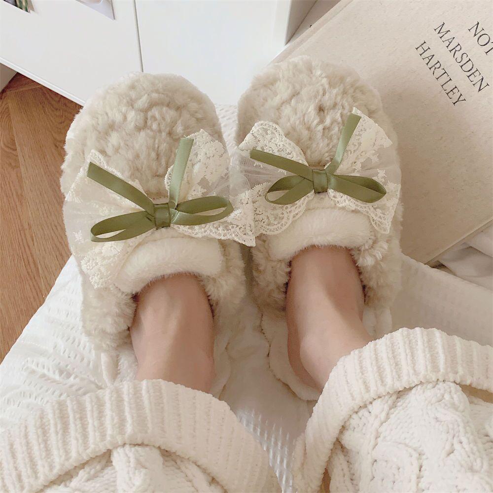 Cute Bow Fuzzy Maternity Slippers, Women Winter Non-Slip House Cotton Shoes