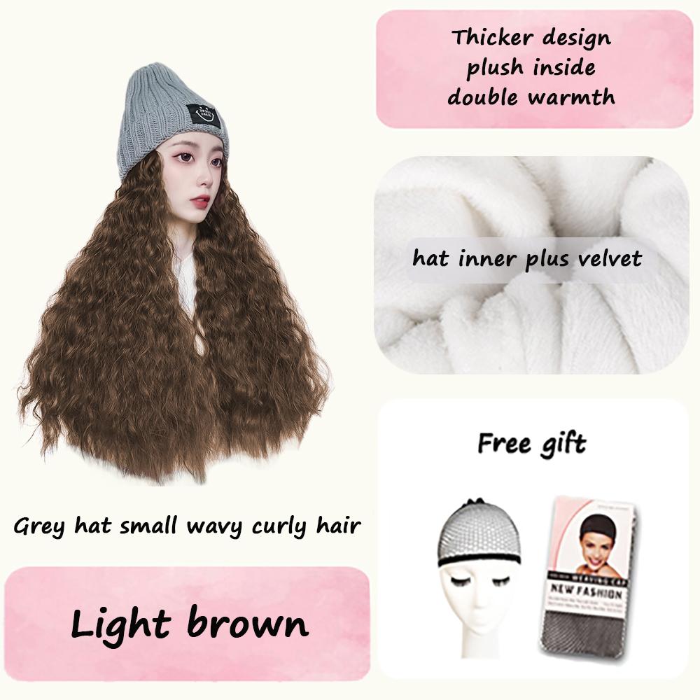 Knitting And Velvet Wig Hat for Autumn And Winter High Temperature Resistant Synthetic Long Curly Hair Fashion