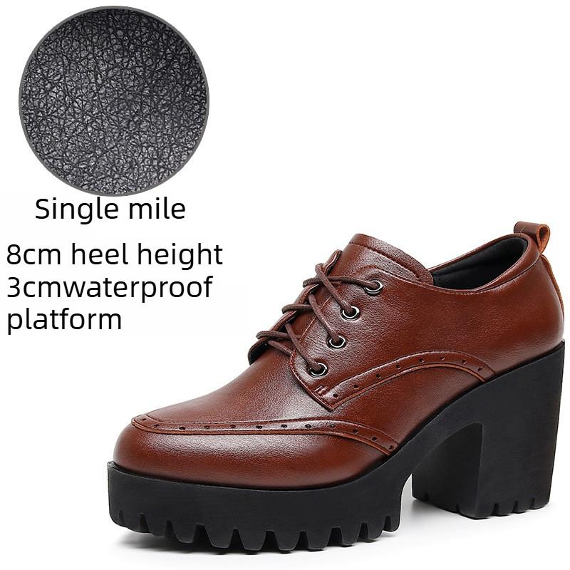 Brogue Damenschnürschuhe im britischen Stil aus Leder mit klobigen Absätzen, High Heels, wasserdichter Plateau-Sohle, runder Spitze, tiefem Ausschnitt