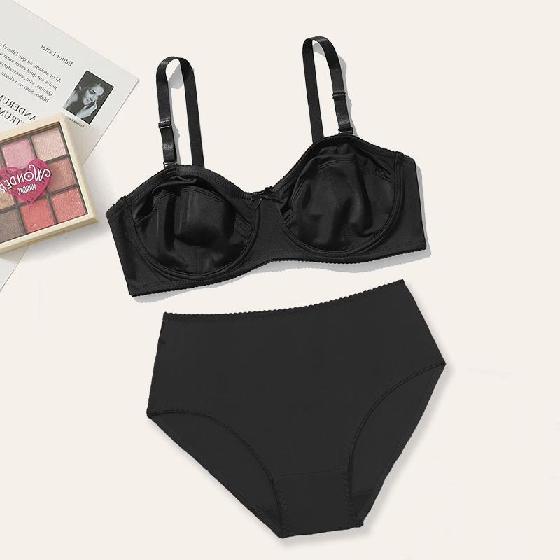 

Комплект нижнего белья больших размеров для женщин, комплект нижнего белья с полуоткрытой чашкой на косточках, однотонный тонкий бюстгальтер без подкладки и трусики 100D чёрный
