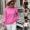 Women Loose Solid Color Round Neck Frill Long Sleeve Knitted Pullover Sweater