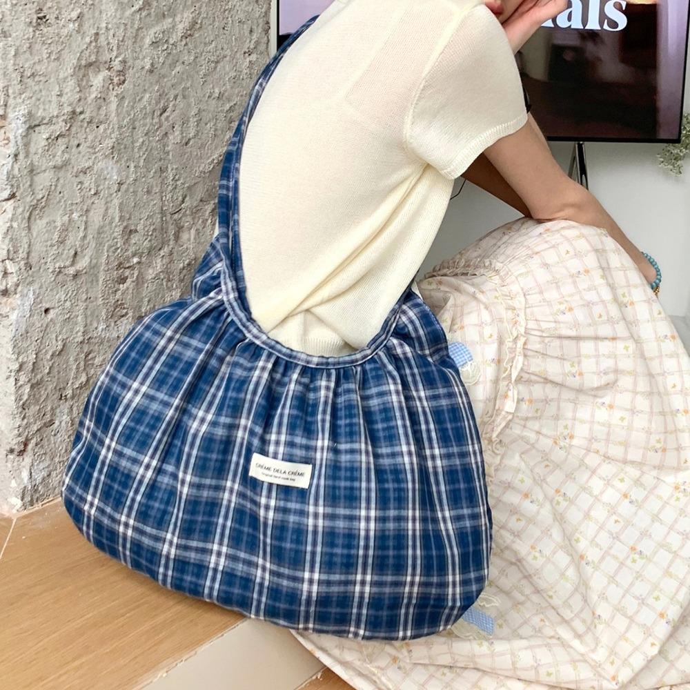 

Korean Style Plaid Crossbody Bag Lightweight Canvas Dumpling Bag Pleated Shoulder Bag Streetwear