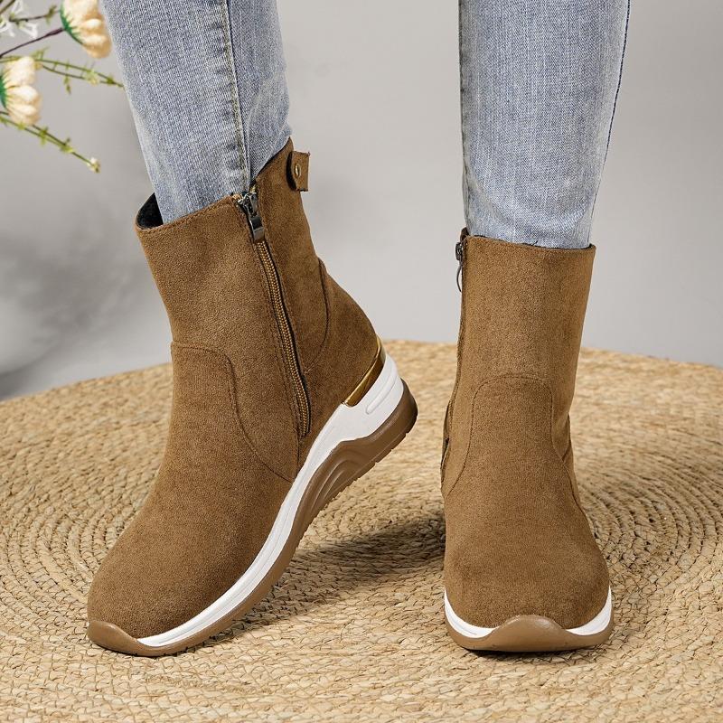 Dames Suede Enkelboots met Brede Wijdte en Sleehak - Enkelboots met Rits aan de Zijkant en Blokhak voor de Herfst, Slankvallende Platform Modeboots
