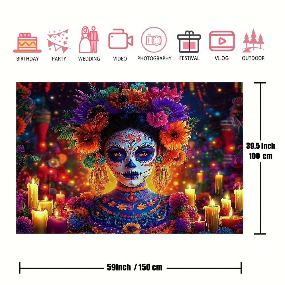 Ein lebendiges Polyester-Zuckerschädel-Wandteppich, in großer Größe von 59x51 Zoll, für ein mexikanisches Festivalzyc