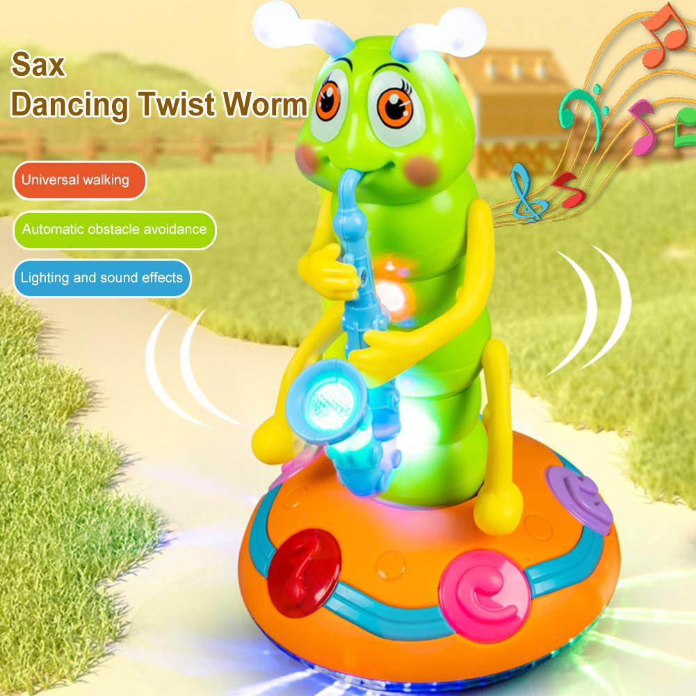 Electric Caterpillar Saxophone Toys with Music and Light Automatic Obstacle Avoidance Dancing Toy Birthday Gifts for Boys Girls