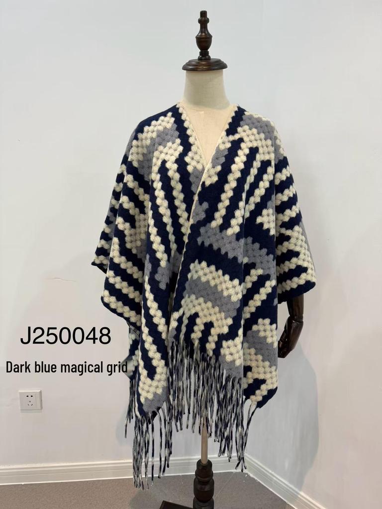 Elegant Ethnic Ink Painting Cape Shawl with Tassels - Versatile Travel Scarf Cloak