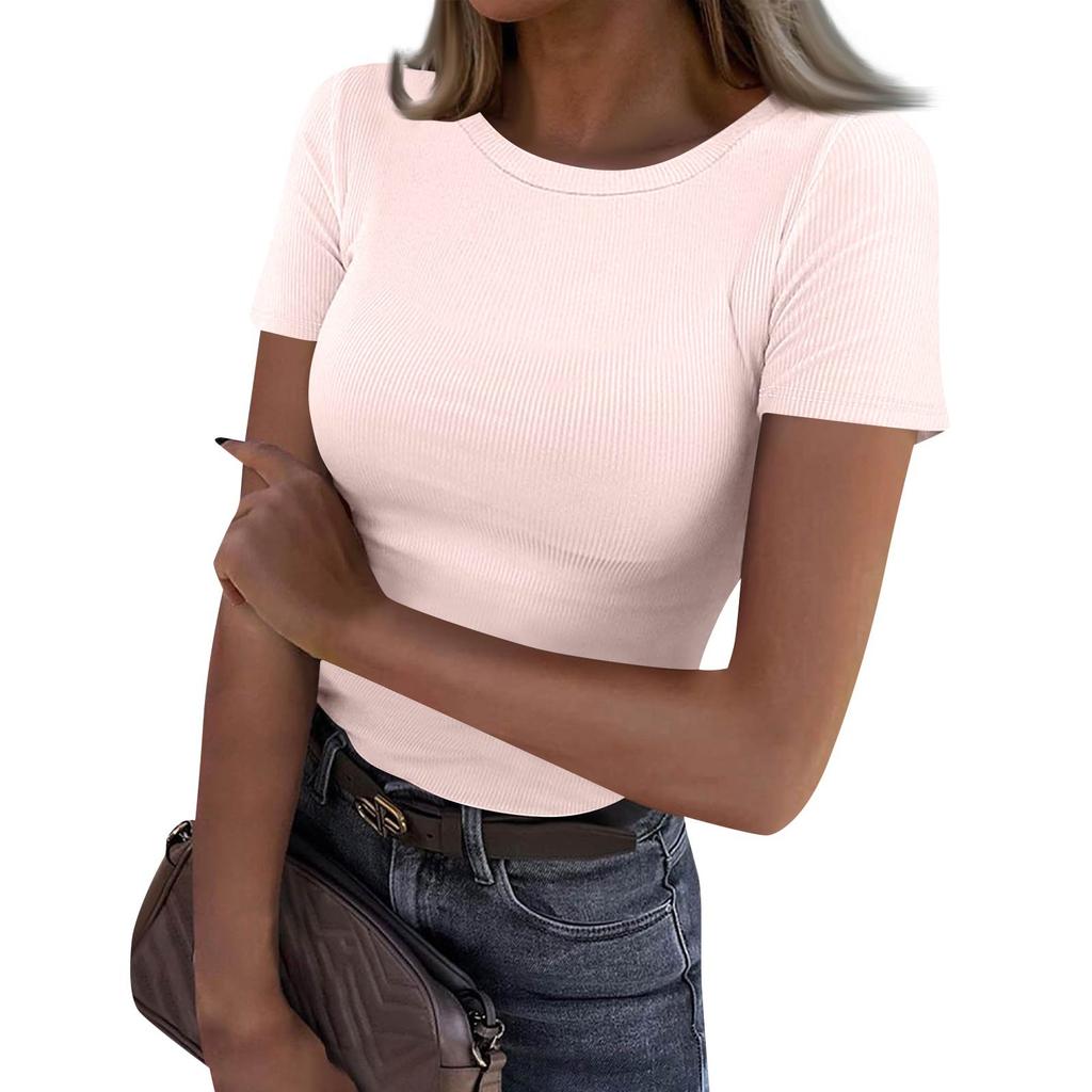 Ladies Slim Bottom T-shirt Fashion Casual Solid Colour Round Neck Pullover Short Sleeve Top