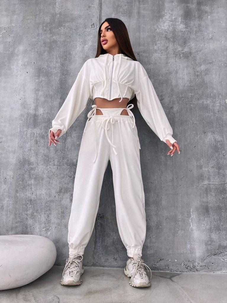 Casual European and American Women's Fashion Hooded Suit Solid Color Long-sleeved Zipper Waist Cardigan Lace-up Pants Two-piece Set
