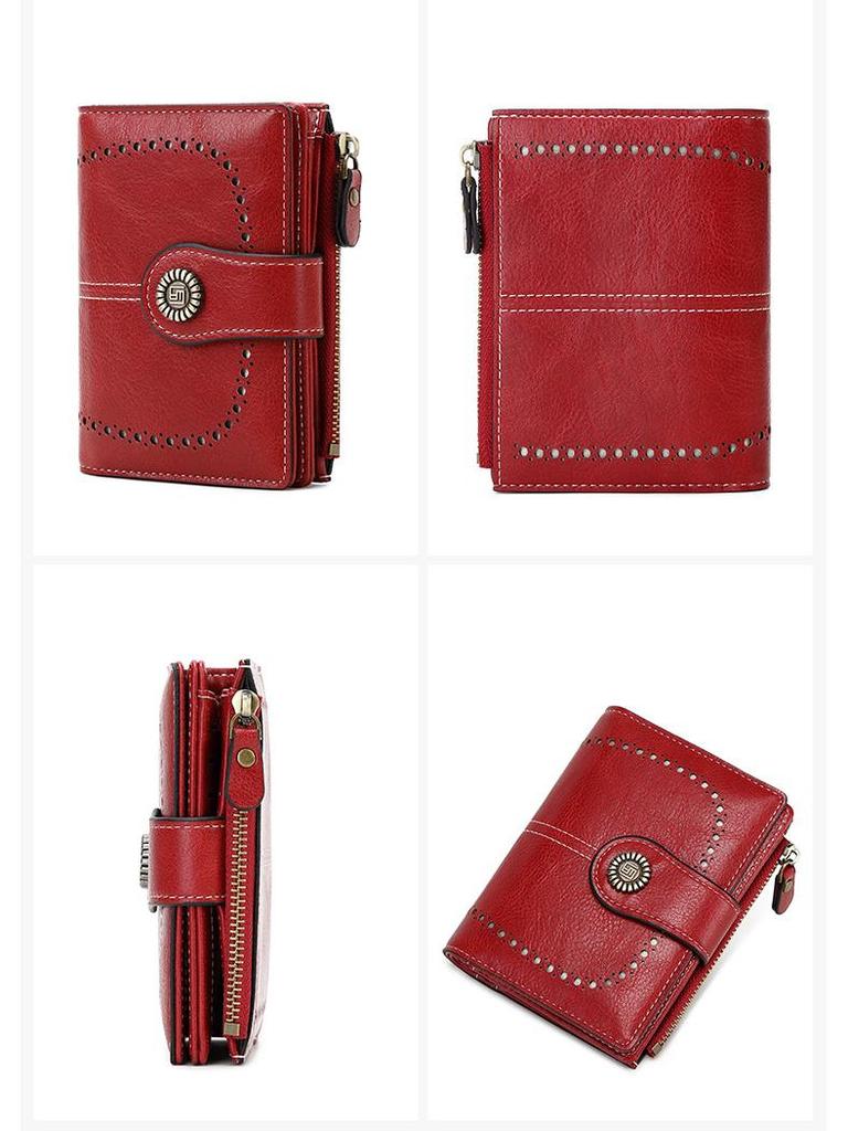 RFID Antimagnetische Damen Geldbörse: Kurzer Stil, Reißverschluss- und Druckknopfverschluss, Geldbörse mit großem Fassungsvermögen und Lochmuster