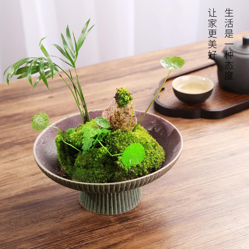Chinese Retro Glazed Ceramic Plate High Foot Fruit Dish Japanese Zen Tea Tray for Home