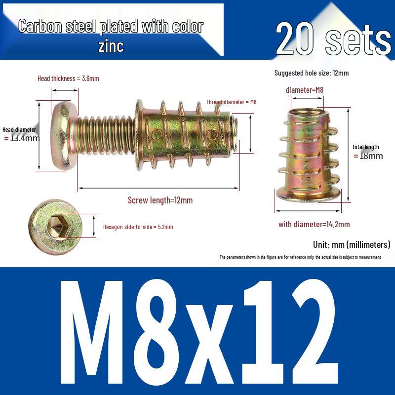 Flat Head Hex Socket Screws & Pre-embedded Nut Set for Wooden Bed Connectors