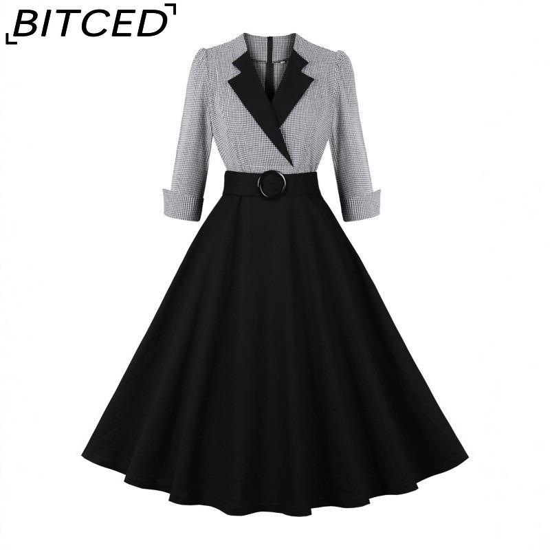 BITCED Abito Elegante Vintage da Donna con Vita Sagomata, Manica a Tre Quarti e Gonna Ampia