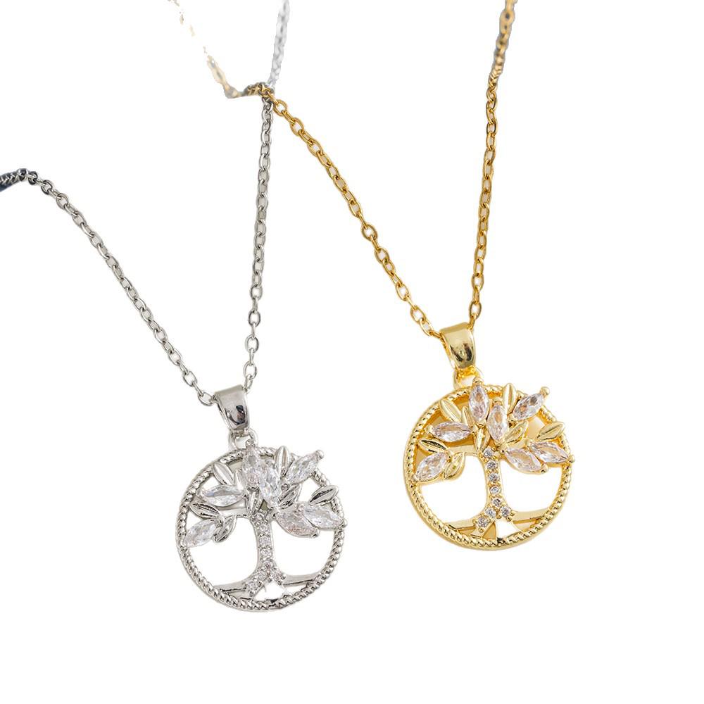 Tree of Life Round Pendant Necklace, Titanium Steel with Full Diamond, Elegant Light Luxury Clavicle Chain for Women