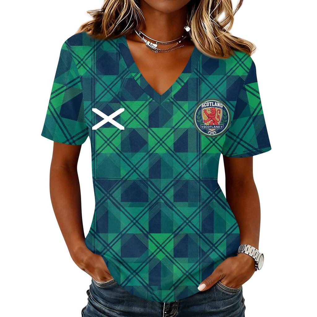 Women's Casual Short Sleeve V-Neck T-Shirt with Soccer Flag Print for Day Fan Wear