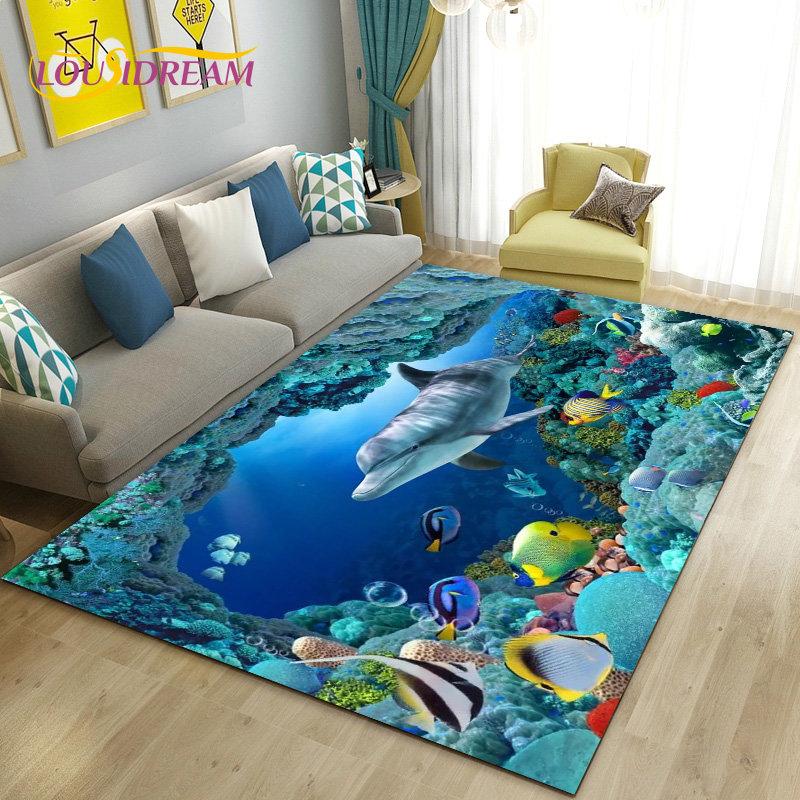 3D-Illusion Unterwasserwelt Meeresboden Delfin Hai Teppich, Teppich für Wohnzimmer Schlafzimmer Sofa Fußmatte Rutschfeste Bodenmatte