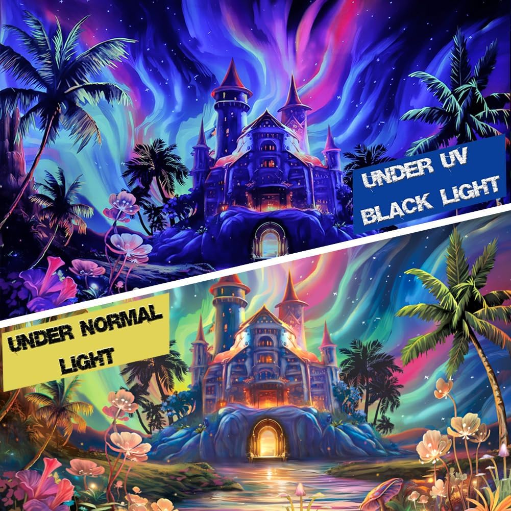 Enchanted Castle Tapestry, Psychedelic Sky with Palm Trees & Glowing Flowers Print,Wall Hanging for Fantasy Aesthetic Room Decor