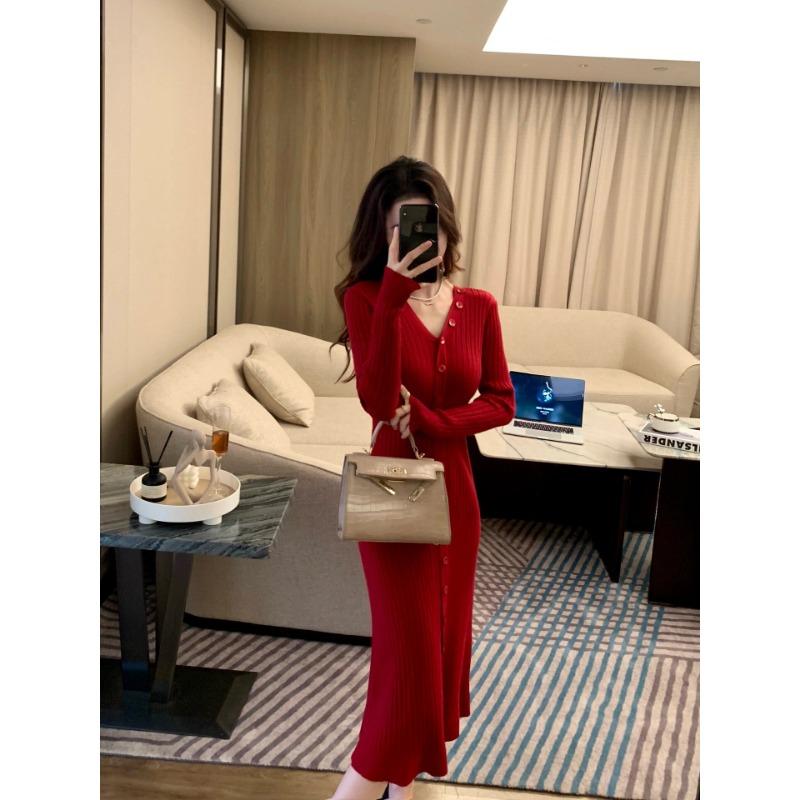New Christmas Wear Red Single-breasted Dress Women's Autumn and Winter Retro Coat with Natal Year Skirt