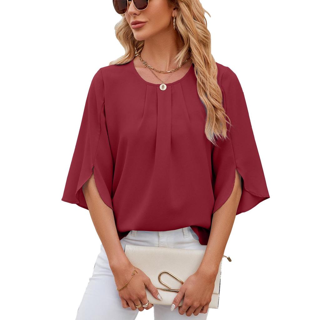 2024 Women's Loose Chiffon Short Sleeve Blouse - Solid Color, Round Neck, Five-Point Sleeves