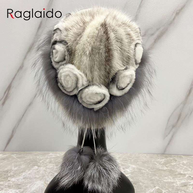 Floral Fluffy Ball Hat Genuine Mink Fur Women Winter Hat Fluffy Fox Beanies Stylish Snow Outdoor Warm Girl Fur Hats