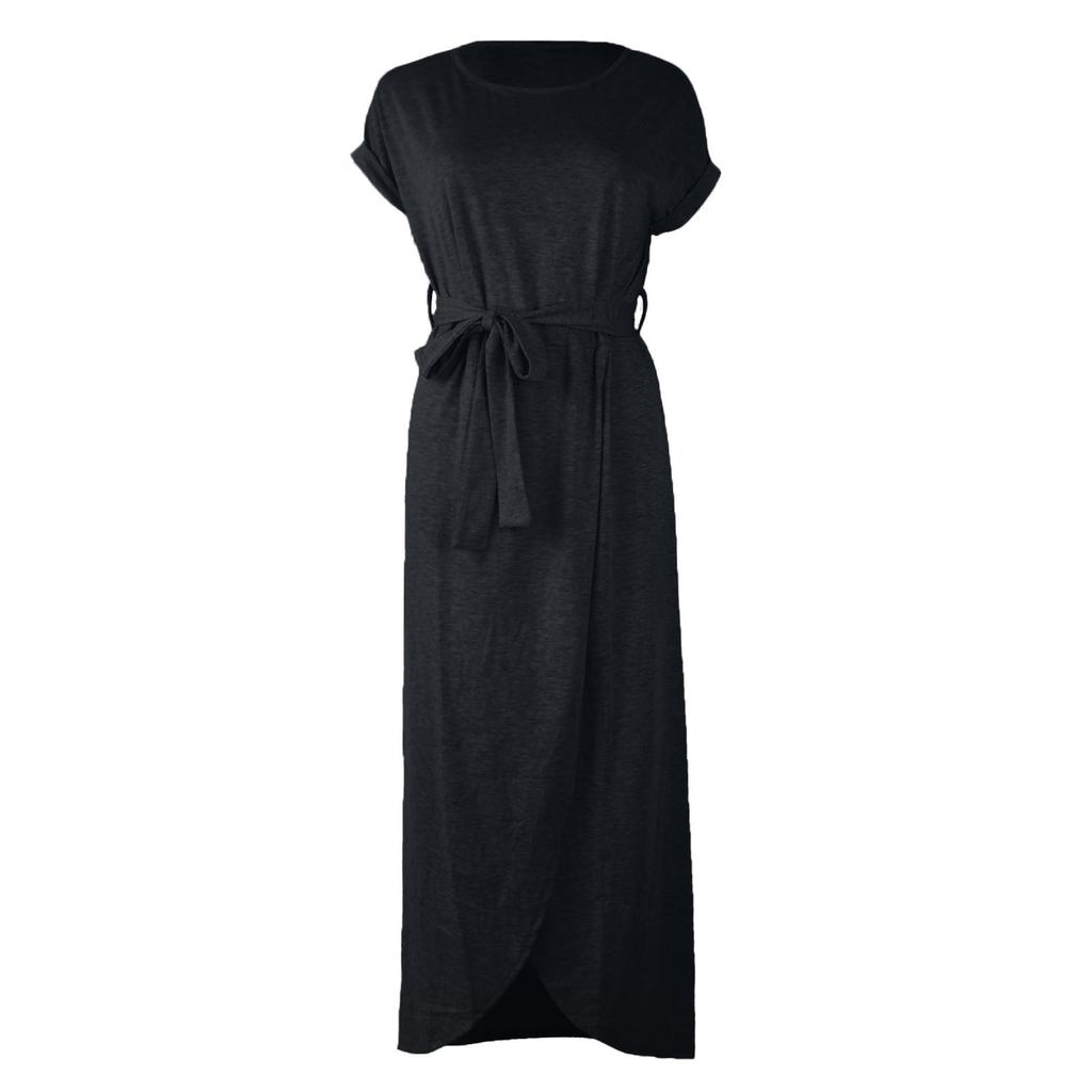 Women's Summer Dress Round Neck Sleeveless A-Line Dress Hem Belted Swing Beach Dresses