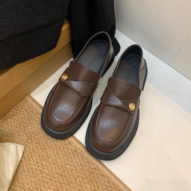 Small Gold Coins Thick-Soled Lazy Thick-Heeled Loafers Women'S Retro British Style One-Pedal Small Leather Shoes Single Shoes Women'S New