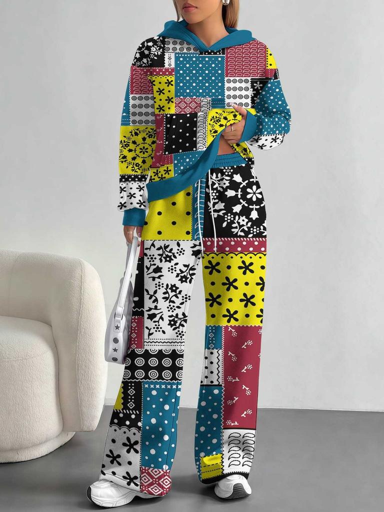 1116 European and American Autumn/Winter Casual Color Patchwork Long-Sleeve Set, Women's Hoodie and Long Pants Set