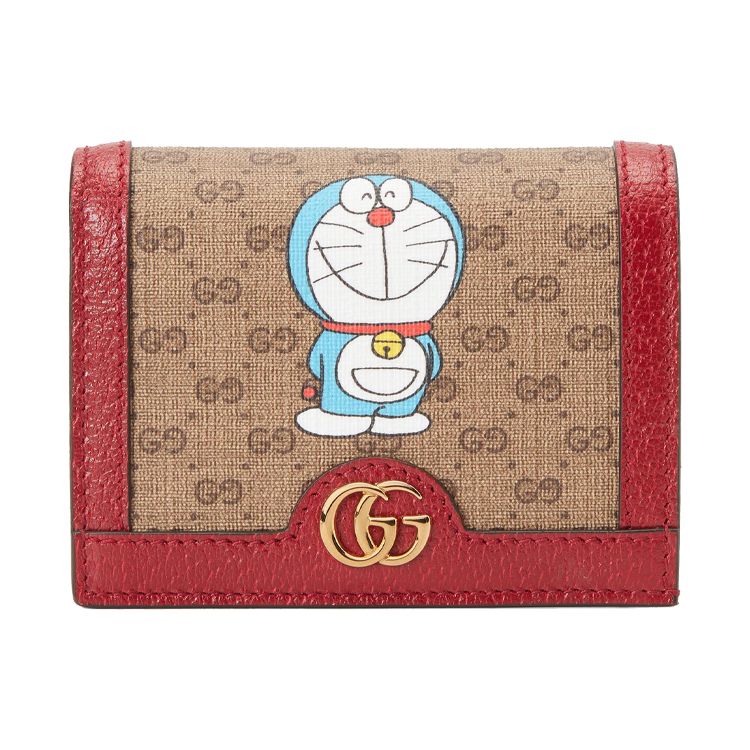 Gucci X Doraemon Collaboration Vintage Logo Double Fold Canvas And Leather Card Holder Unisex Accessories Ebony Red 647788-2TWAG-8580