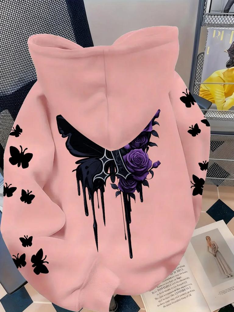Women Gothic Hoodie Purple Rose Black Butterfly Drip Aesthetic Graphic Print Loose Fit Vintage Streetwear Pullover Sweatshirt