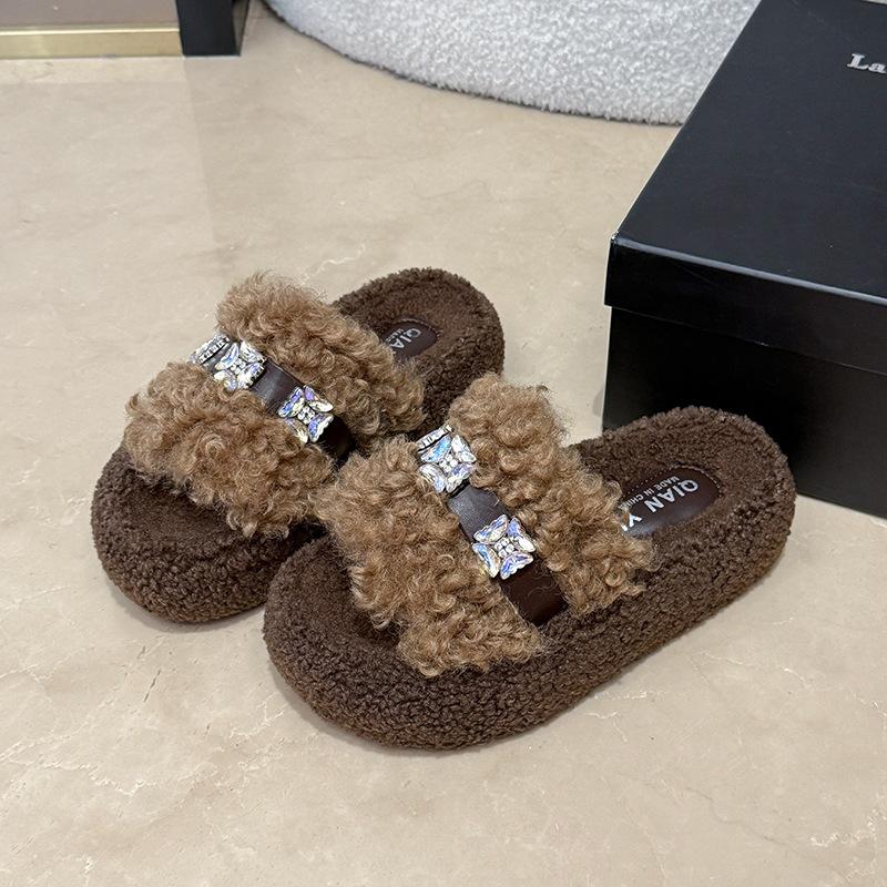 

Thick-soled plush design fluffy shoes for women s outer wear 2025 autumn and winter new home non-slip one-word rhinestone cotton slippers 35