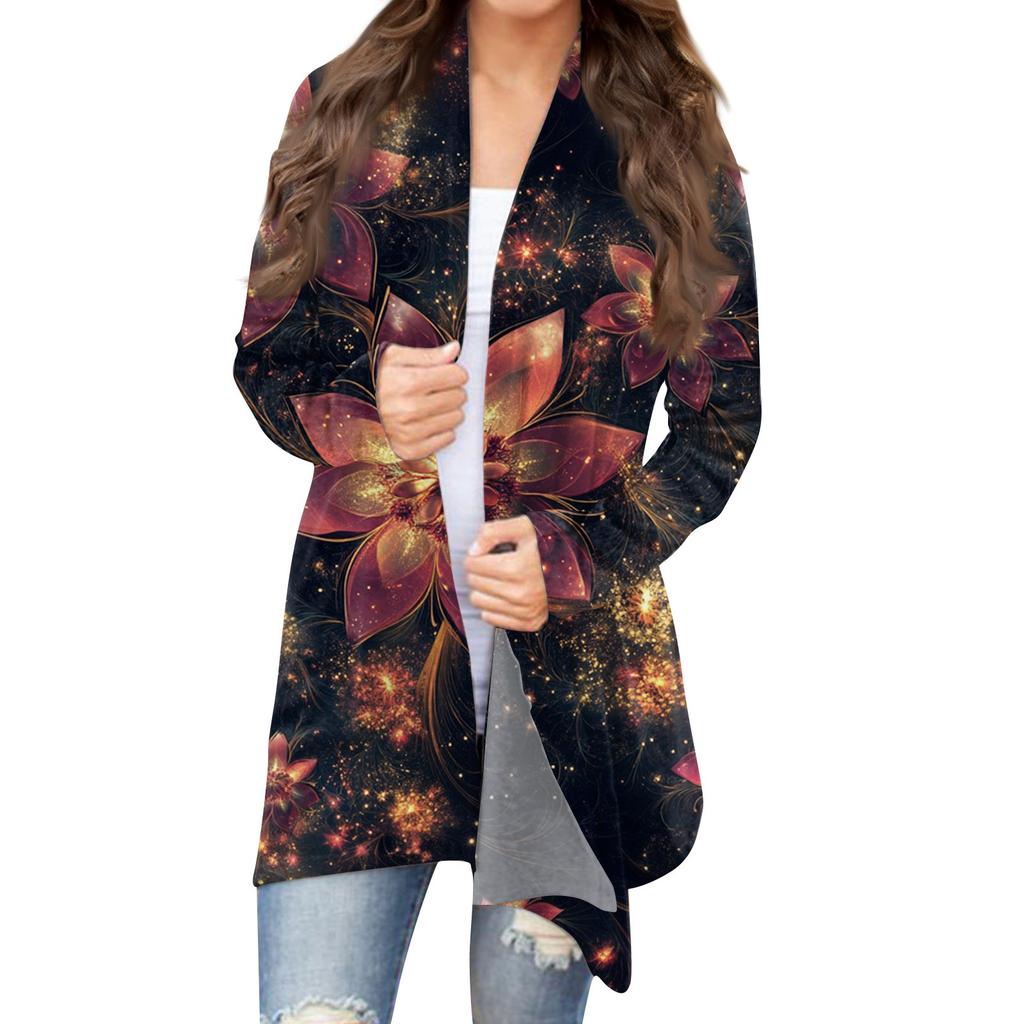 Women's Fashion Casual Retro  Print Mid-Length Cardigan Jacket
