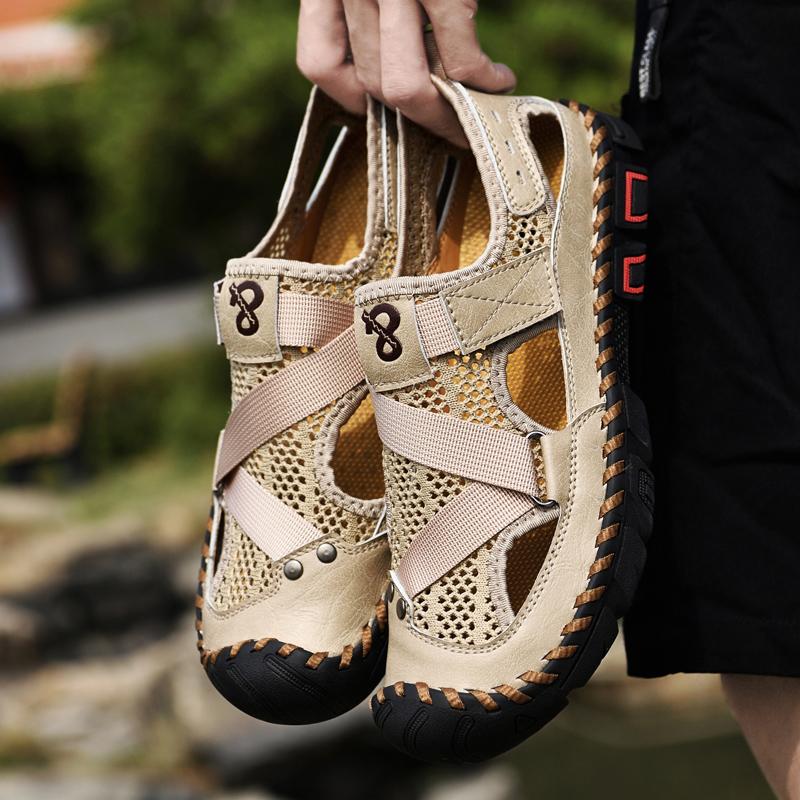 Fashion Breathable Mens Sandals Handmade Leather Male Summer Shoes Outdoor Walking Beach Flats Cool Mesh Sneakers Non-Slip Men Sandalias