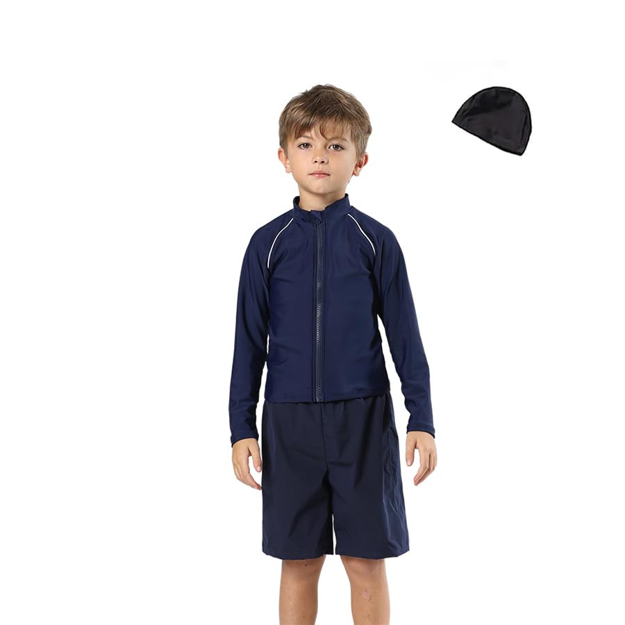

[KOUKOUCOCO] Unisex School Swimsuit with Inner Shorts and Zippered Long Sleeve Rash Guard, ZC80571 (JP, Height, 120cm, Navy A)