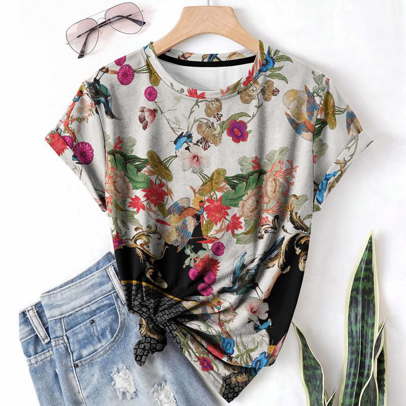 

Женская футболка Летняя с круглым вырезом и короткими рукавами Цветочный дизайн Повседневная Спортивная Свободная Дышащая Легкая ткань Повседневная рубашка 6XL