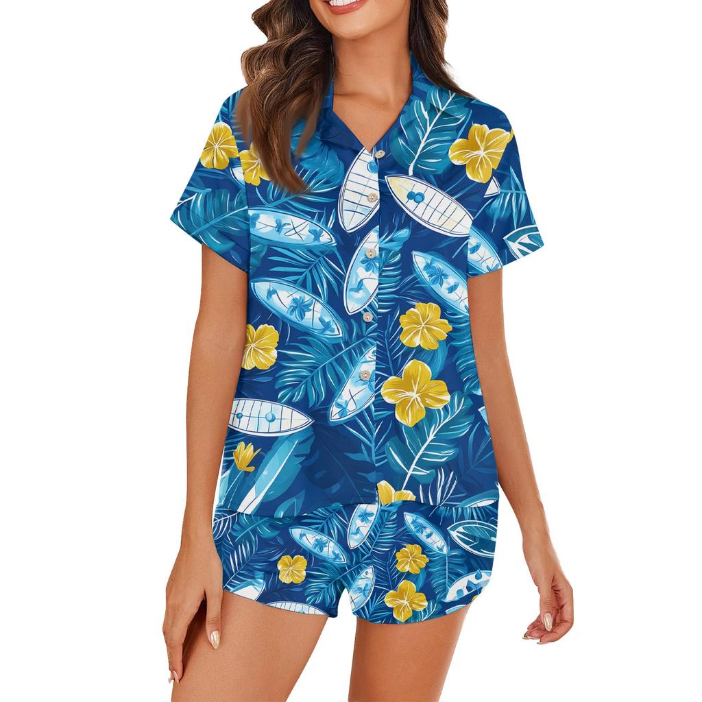 Women's Ice Silk Pajamas Button Homewear Hawaiian Print Short Sleeve Satin Pajama Set